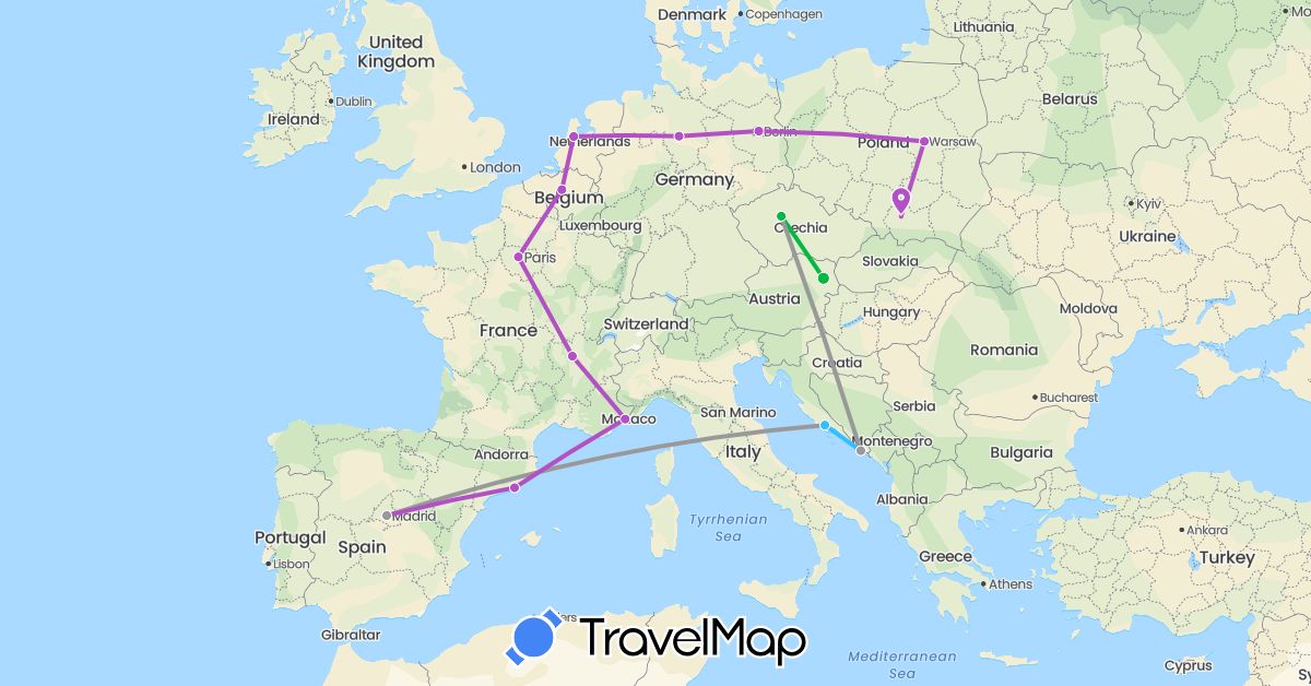 TravelMap itinerary: driving, bus, plane, train, boat in Austria, Belgium, Czech Republic, Germany, Spain, France, Croatia, Netherlands, Poland (Europe)